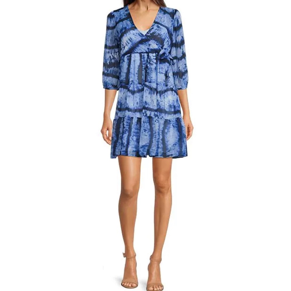 Calvin Klein
Tie Dye Print Surplice V-Neck 3/4 Balloon Sleeve Tiered Dress